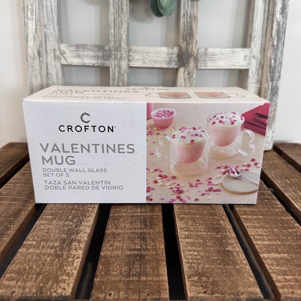 New In Box Crofton Valentines Day Mugs Set of 2 Pink Clear Double Wall Glass
